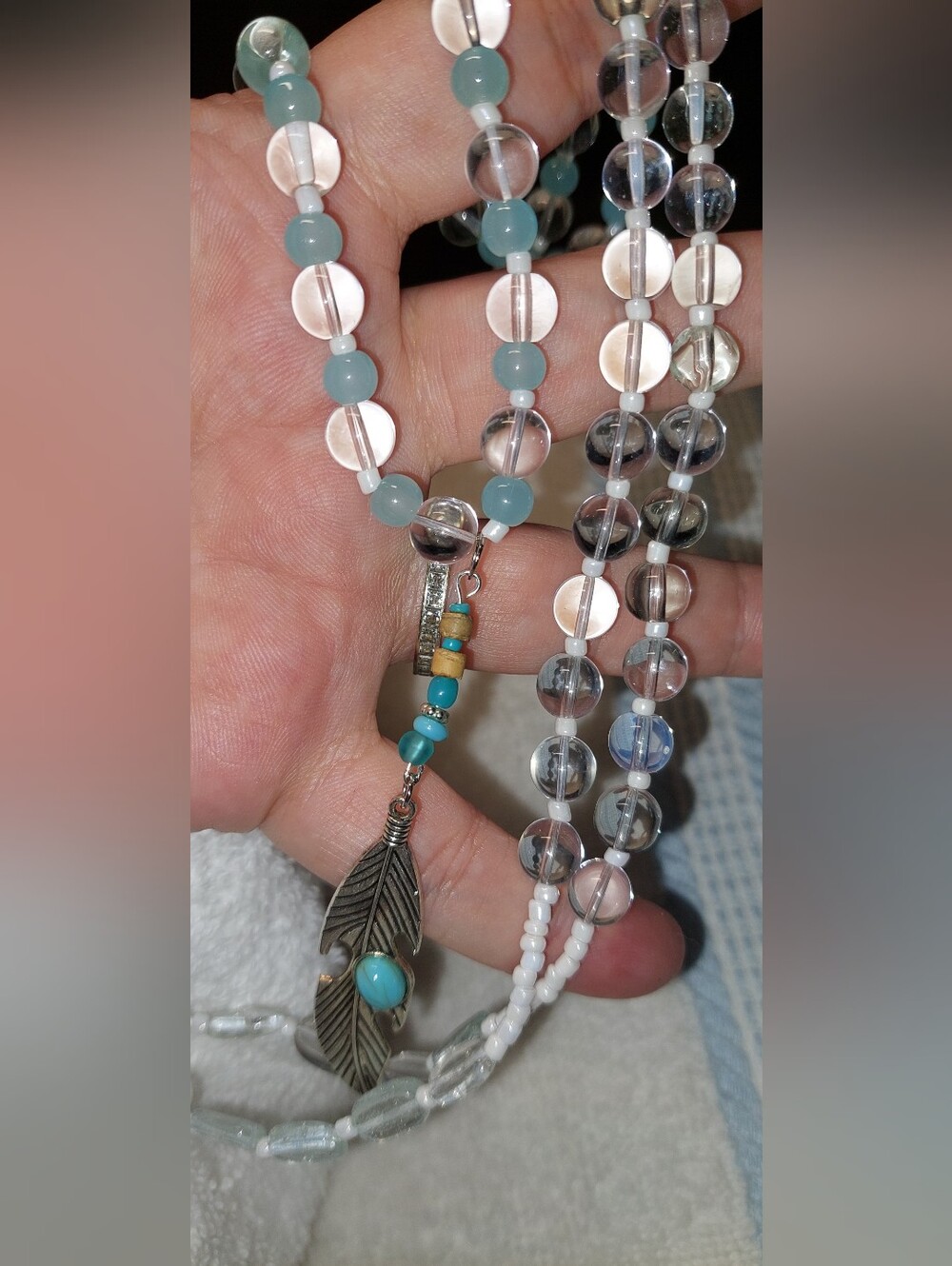 Handmade Boho Teal and Clear Beaded Feather Pendant Necklace - 34 Inches Long